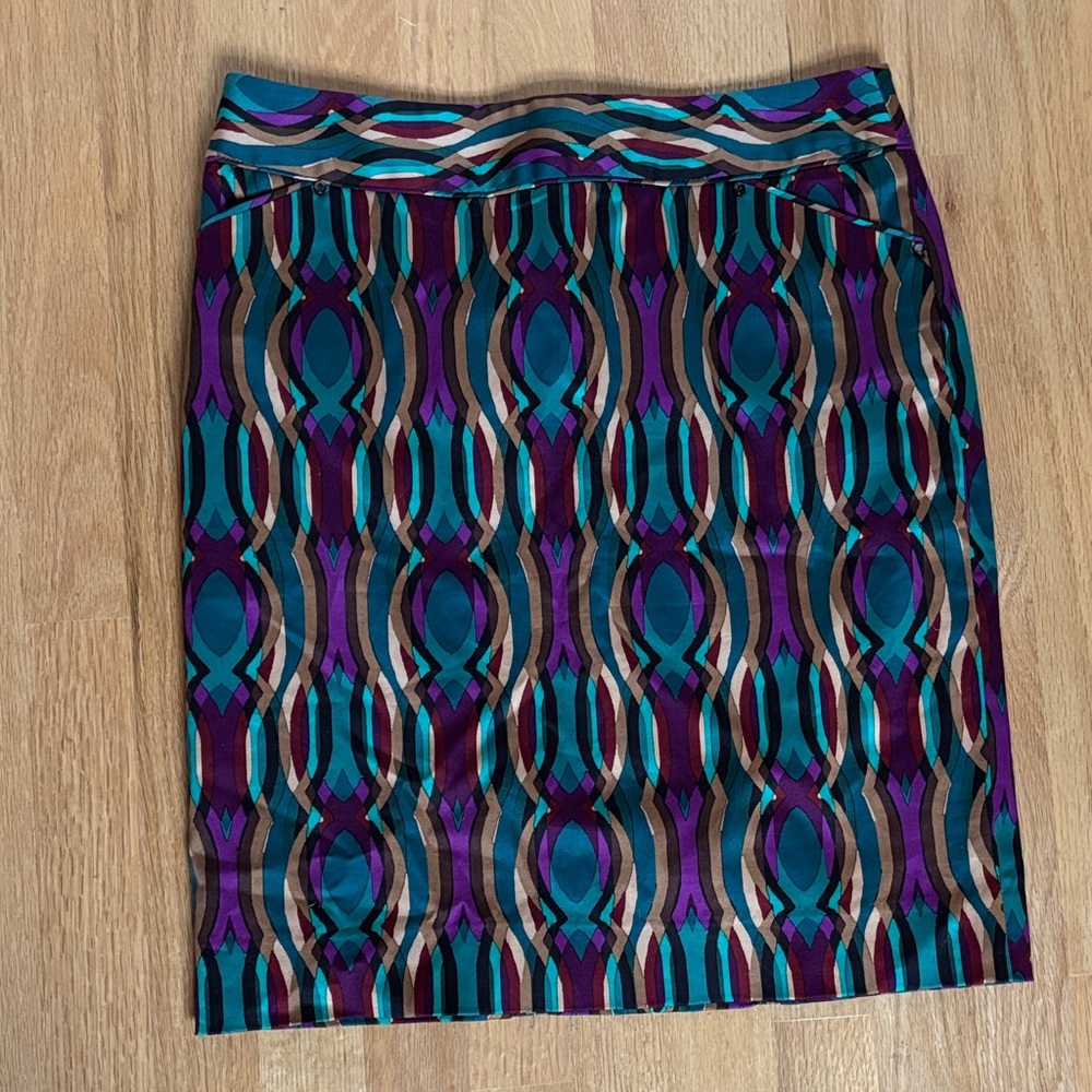 Etcetera Geometric Patterned Skirt - Purple and Teal Size 4